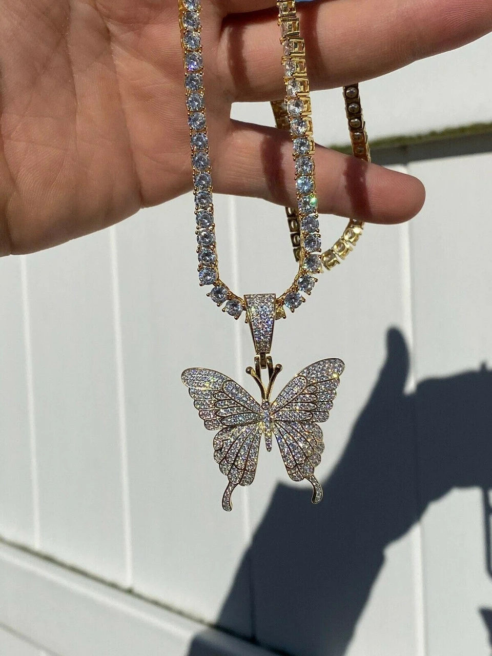 Hip Hop Butterfly Piece - Mens Ladies Iced Real 925 Silver Gold Finish Necklace 6 Hip Hop Butterfly Piece - Mens Ladies Iced Real 925 Silver Gold Finish Necklace - Image 4
