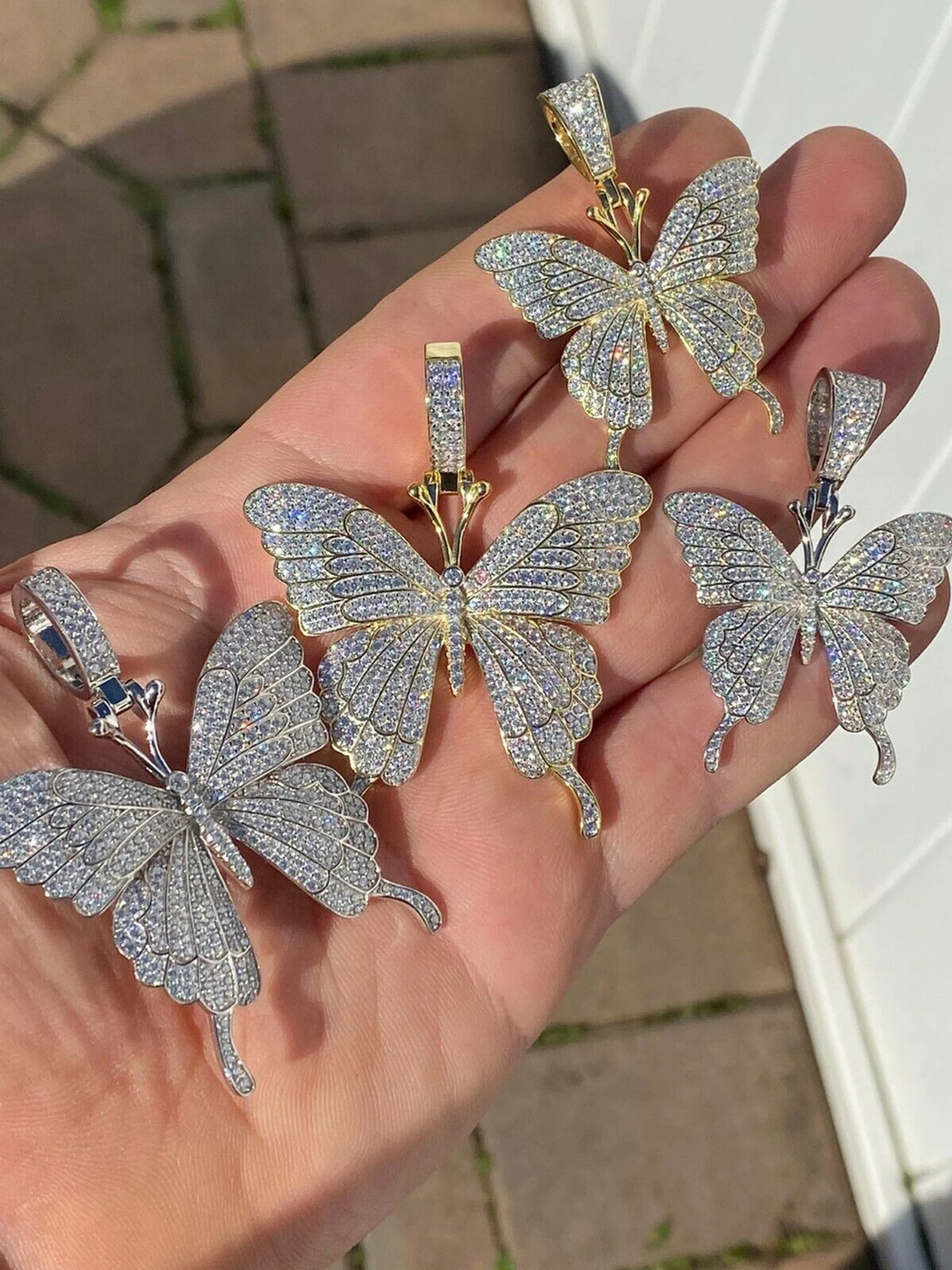 Hip Hop Butterfly Piece - Mens Ladies Iced Real 925 Silver Gold Finish Necklace 3 Hip Hop Butterfly Piece - Mens Ladies Iced Real 925 Silver Gold Finish Necklace