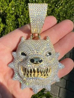 Huge 3.5" Iced Hip Hop 14K Gold Vermeil 925 Angry Pitbull Dog Pendant Necklace