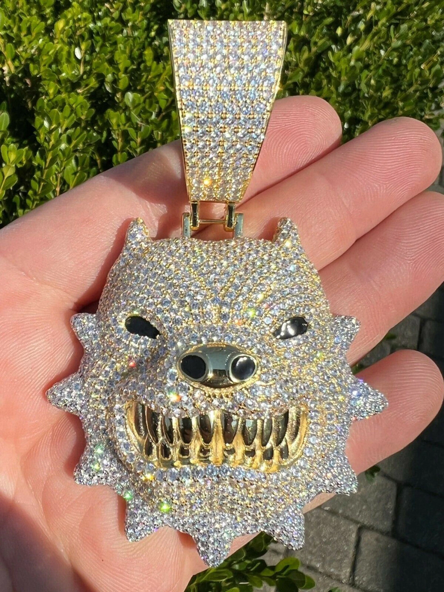 Huge 3.5" Iced Hip Hop 14K Gold Vermeil 925 Angry Pitbull Dog Pendant Necklace 3 Huge 3.5" Iced Hip Hop 14K Gold Vermeil 925 Angry Pitbull Dog Pendant Necklace