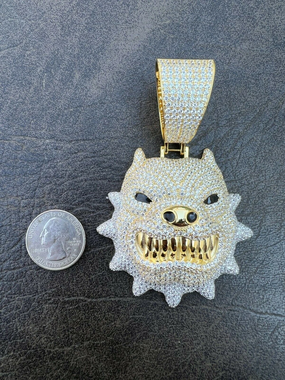 Huge 3.5" Iced Hip Hop 14K Gold Vermeil 925 Angry Pitbull Dog Pendant Necklace 7 Huge 3.5" Iced Hip Hop 14K Gold Vermeil 925 Angry Pitbull Dog Pendant Necklace - Image 5