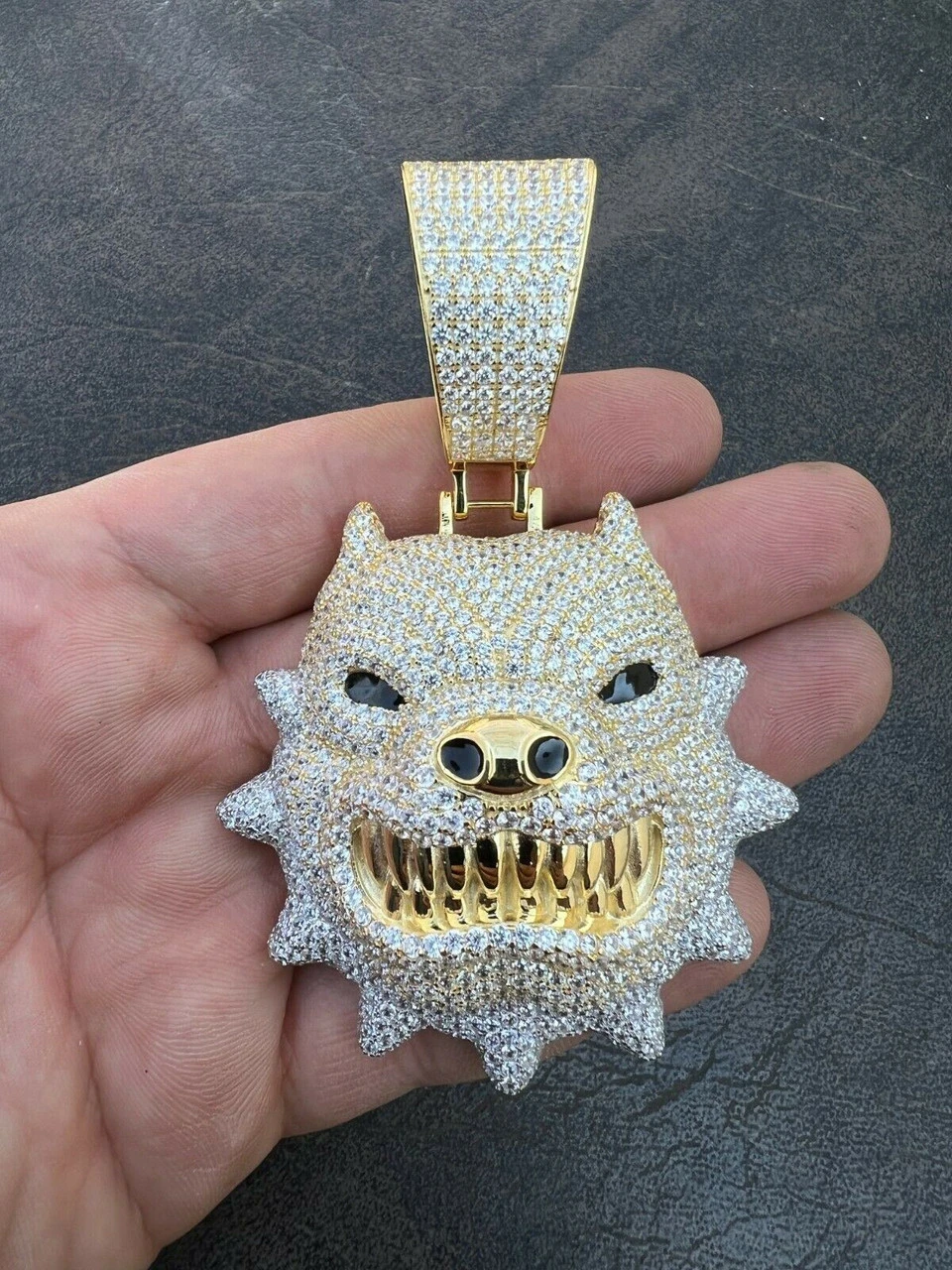 Huge 3.5" Iced Hip Hop 14K Gold Vermeil 925 Angry Pitbull Dog Pendant Necklace 11 Huge 3.5" Iced Hip Hop 14K Gold Vermeil 925 Angry Pitbull Dog Pendant Necklace - Image 9