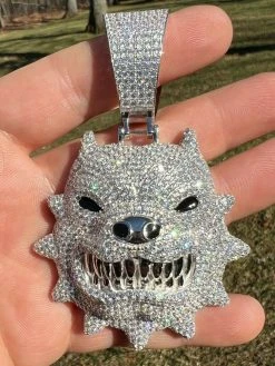 Huge 3.5" Iced Hip Hop 925 Silver Angry Pitbull Dog Animal Pendant Necklace Mens