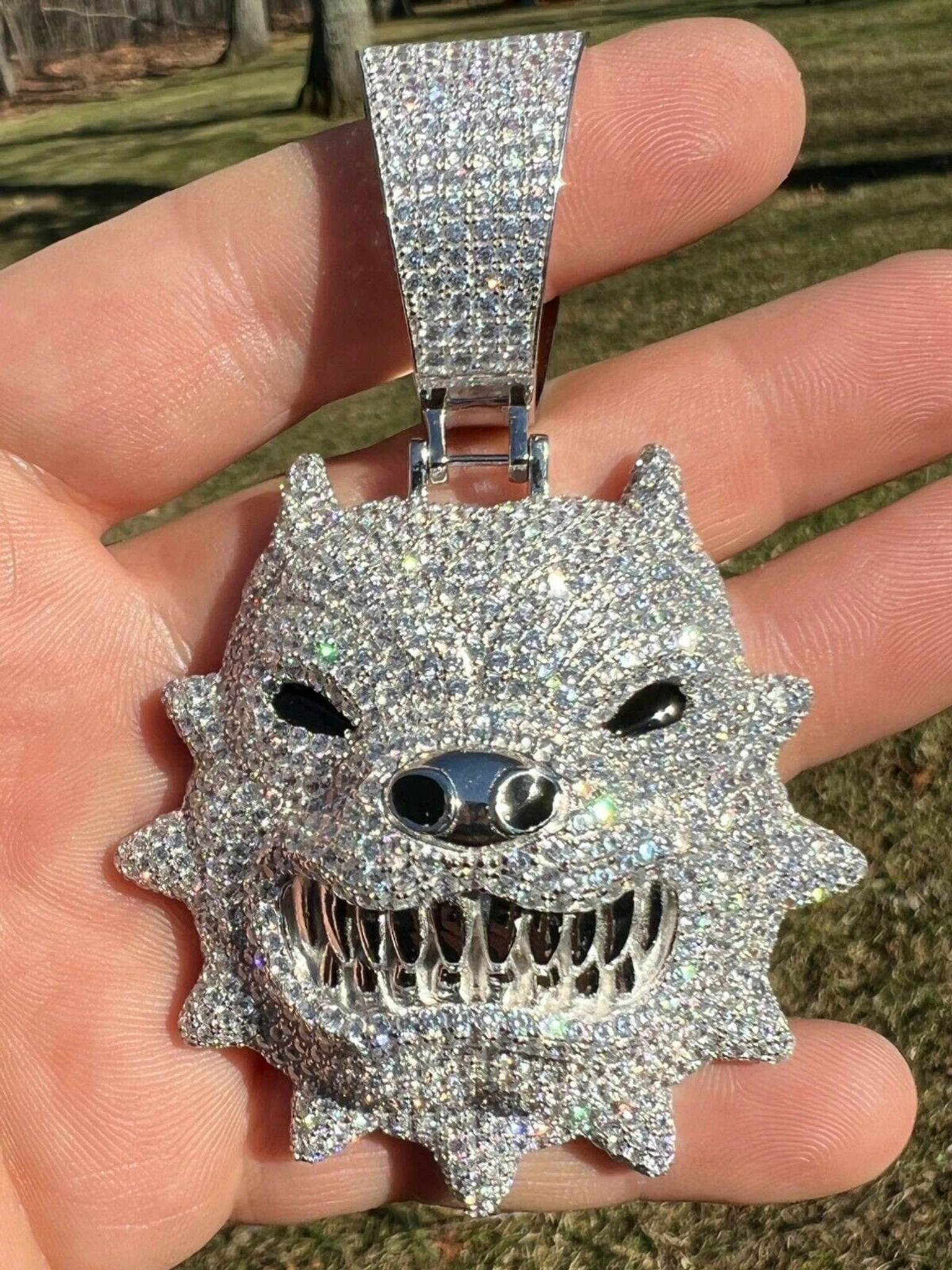 Huge 3.5" Iced Hip Hop 925 Silver Angry Pitbull Dog Animal Pendant Necklace Mens 3 Huge 3.5" Iced Hip Hop 925 Silver Angry Pitbull Dog Animal Pendant Necklace Mens