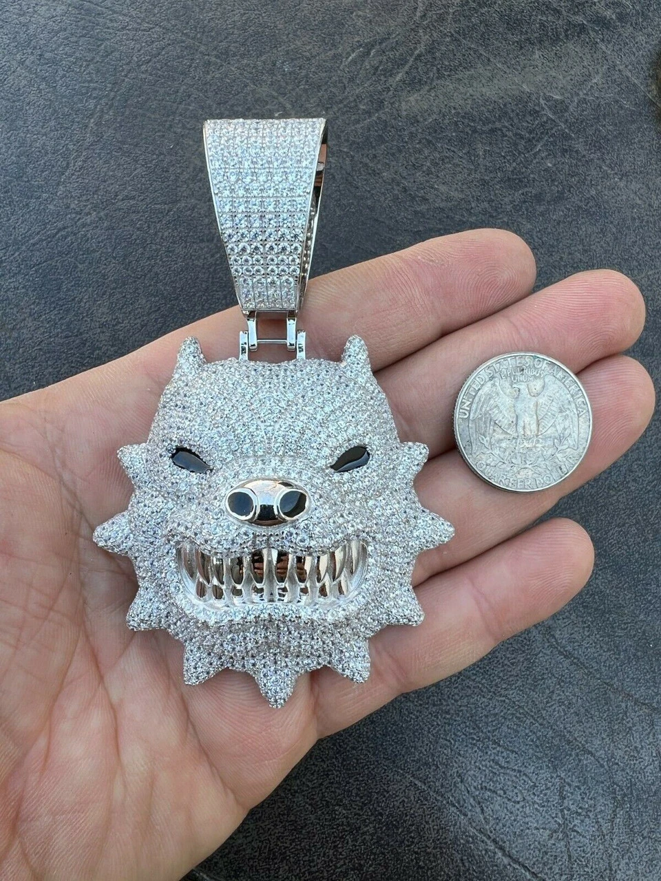 Huge 3.5" Iced Hip Hop 925 Silver Angry Pitbull Dog Animal Pendant Necklace Mens 5 Huge 3.5" Iced Hip Hop 925 Silver Angry Pitbull Dog Animal Pendant Necklace Mens - Image 3
