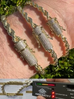 Iced MOISSANITE Clasp 14k Gold Over Stainless Rope Bracelet 4-6mm Pass Tester ✅