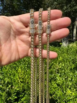 Iced MOISSANITE Clasp 14k Gold Plate Stainless Steel Franco Chain Necklace 4-6mm -Harlem Bling Shop harlembling iced moissanite clasp 14k gold plate stainless steel franco chain necklace 4 6mm 13245.1690849060