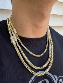 Iced MOISSANITE Clasp 14k Gold Plate Stainless Steel Franco Chain Necklace 4-6mm -Harlem Bling Shop harlembling iced moissanite clasp 14k gold plate stainless steel franco chain necklace 4 6mm 98193.1690849010