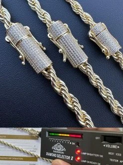 Iced MOISSANITE Clasp 14k Gold Plated Stainless Steel Rope Chain Necklace 4-6mm