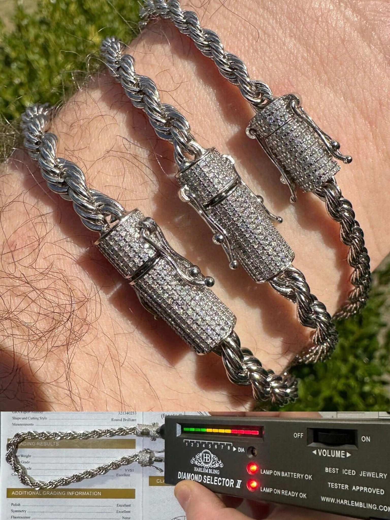 Iced MOISSANITE Clasp 925 Silver & Stainless Rope Bracelet 4-6mm Pass Tester ✅ 3 Iced MOISSANITE Clasp 925 Silver & Stainless Rope Bracelet 4-6mm Pass Tester ✅