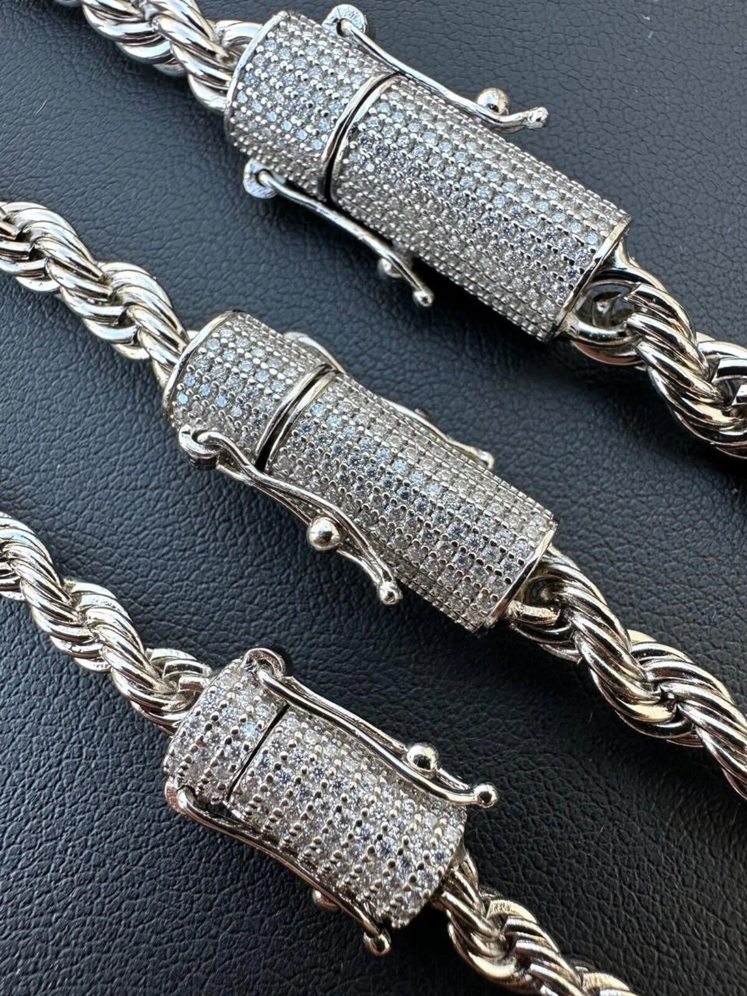 Iced MOISSANITE Clasp 925 Silver & Stainless Steel Rope Chain Necklace Bracelet 3 Iced MOISSANITE Clasp 925 Silver & Stainless Steel Rope Chain Necklace Bracelet