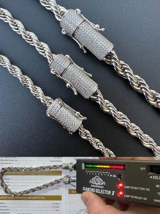 Iced MOISSANITE Clasp Real 925 Silver & Stainless Steel Rope Chain Necklace -Harlem Bling Shop harlembling iced moissanite clasp real 925 silver and stainless steel rope chain necklace 63553.1678388609