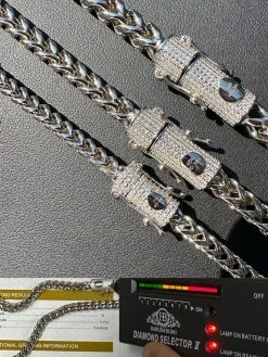 Iced MOISSANITE Clasp Stainless Steel & 925 Silver Franco Chain Necklace 4-6mm