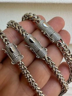 Iced MOISSANITE Clasp Stainless Steel & 925 Silver Franco Chain Necklace 4-6mm -Harlem Bling Shop harlembling iced moissanite clasp stainless steel and 925 silver franco chain necklace 4 6mm 16060.1690849039