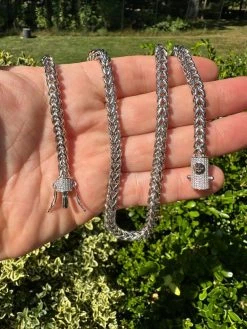 Iced MOISSANITE Clasp Stainless Steel & 925 Silver Franco Chain Necklace 4-6mm -Harlem Bling Shop harlembling iced moissanite clasp stainless steel and 925 silver franco chain necklace 4 6mm 53040.1690848988