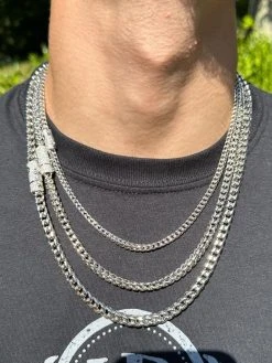 Iced MOISSANITE Clasp Stainless Steel & 925 Silver Franco Chain Necklace 4-6mm -Harlem Bling Shop harlembling iced moissanite clasp stainless steel and 925 silver franco chain necklace 4 6mm 69862.1690849023