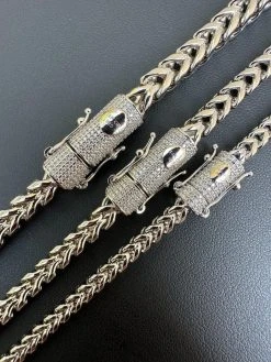 Iced MOISSANITE Clasp Stainless Steel & 925 Silver Franco Chain Necklace 4-6mm -Harlem Bling Shop harlembling iced moissanite clasp stainless steel and 925 silver franco chain necklace 4 6mm 98629.1690849103