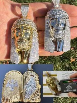 Iced Out Moissanite Jesus Piece Opens Up As Locket - Father Son & Holy Spirit Solid 925 Silver - 131 Grams!