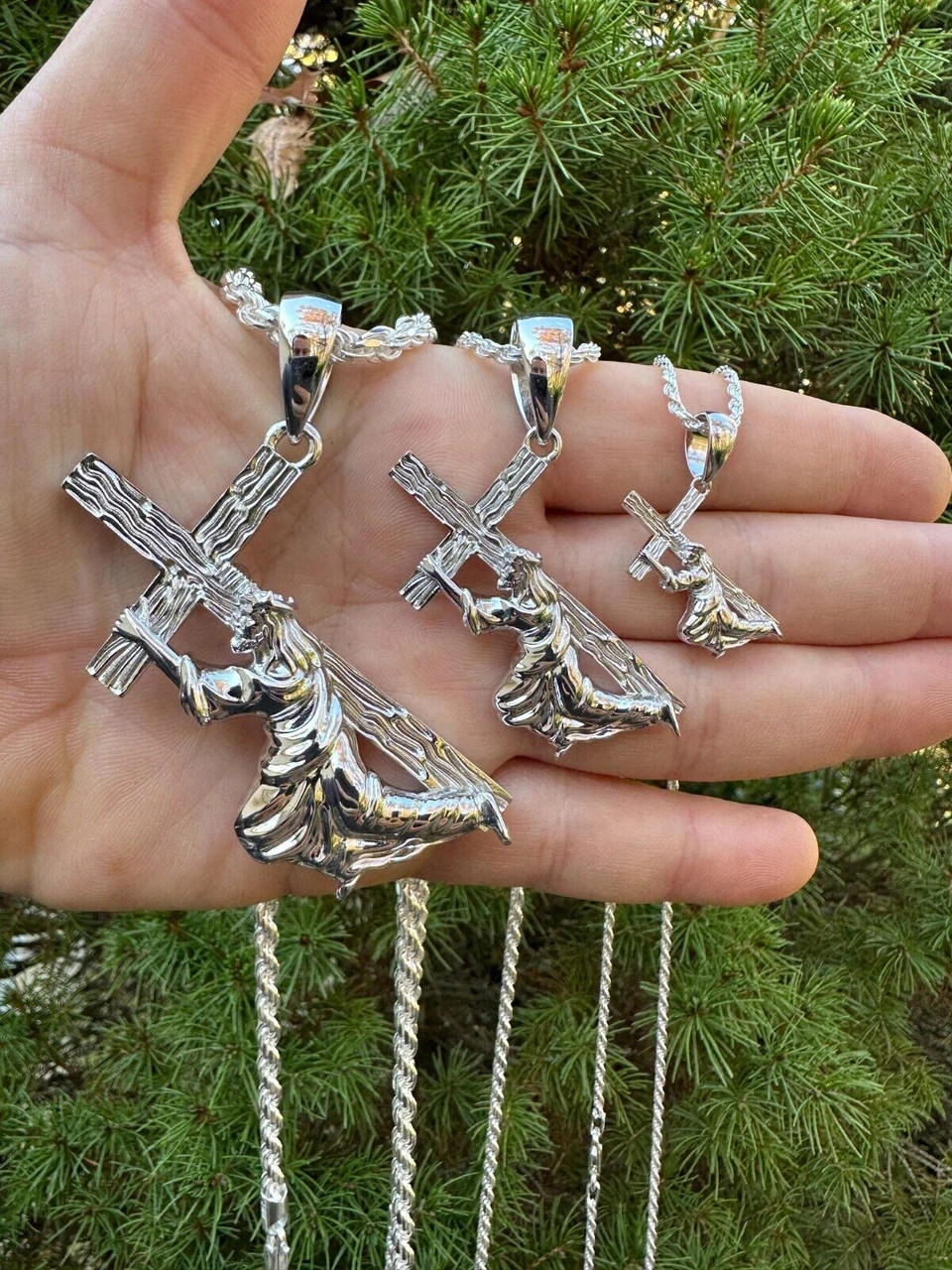 Jesus Carrying Cross Plain Crucifix Pendant Necklace 925 Sterling Silver 3 Sizes 21 Jesus Carrying Cross Plain Crucifix Pendant Necklace 925 Sterling Silver 3 Sizes - Image 19