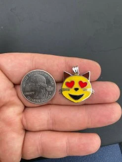 Kitty Cat Heart Eyes Emoji Solid 925 Sterling Silver 1" Pendant For Necklace -Harlem Bling Shop harlembling kitty cat heart eyes emoji solid 925 sterling silver 1 pendant for necklace 45906.1664388394