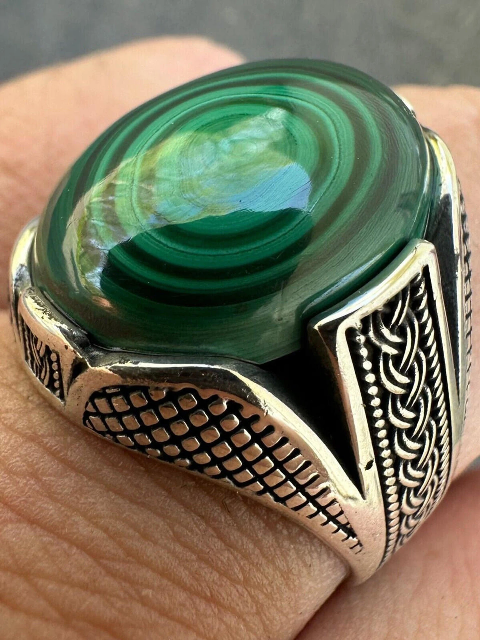 Large Green Malachite Gemstone Mens Real Solid 925 Sterling Silver Signet Ring 3 Large Green Malachite Gemstone Mens Real Solid 925 Sterling Silver Signet Ring