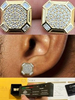 Large Mens Real MOISSANITE 14k Gold Vermeil Iced Earrings Hip Hop Diamond Test ✅