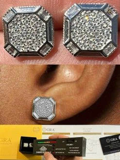 Large Mens Real MOISSANITE Silver Iced Baguette Earrings Hip Hop Diamond Test ✅