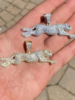 Large Real 925 Sterling Panther Cheetah Puma Pendant Necklace Iced Gold Silver