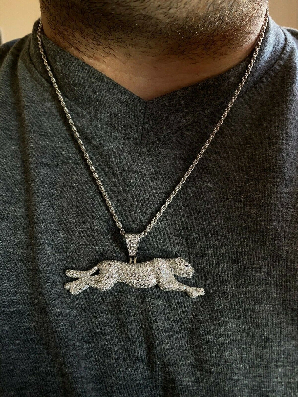 Large Real 925 Sterling Panther Cheetah Puma Pendant Necklace Iced Gold Silver 5 Large Real 925 Sterling Panther Cheetah Puma Pendant Necklace Iced Gold Silver - Image 3