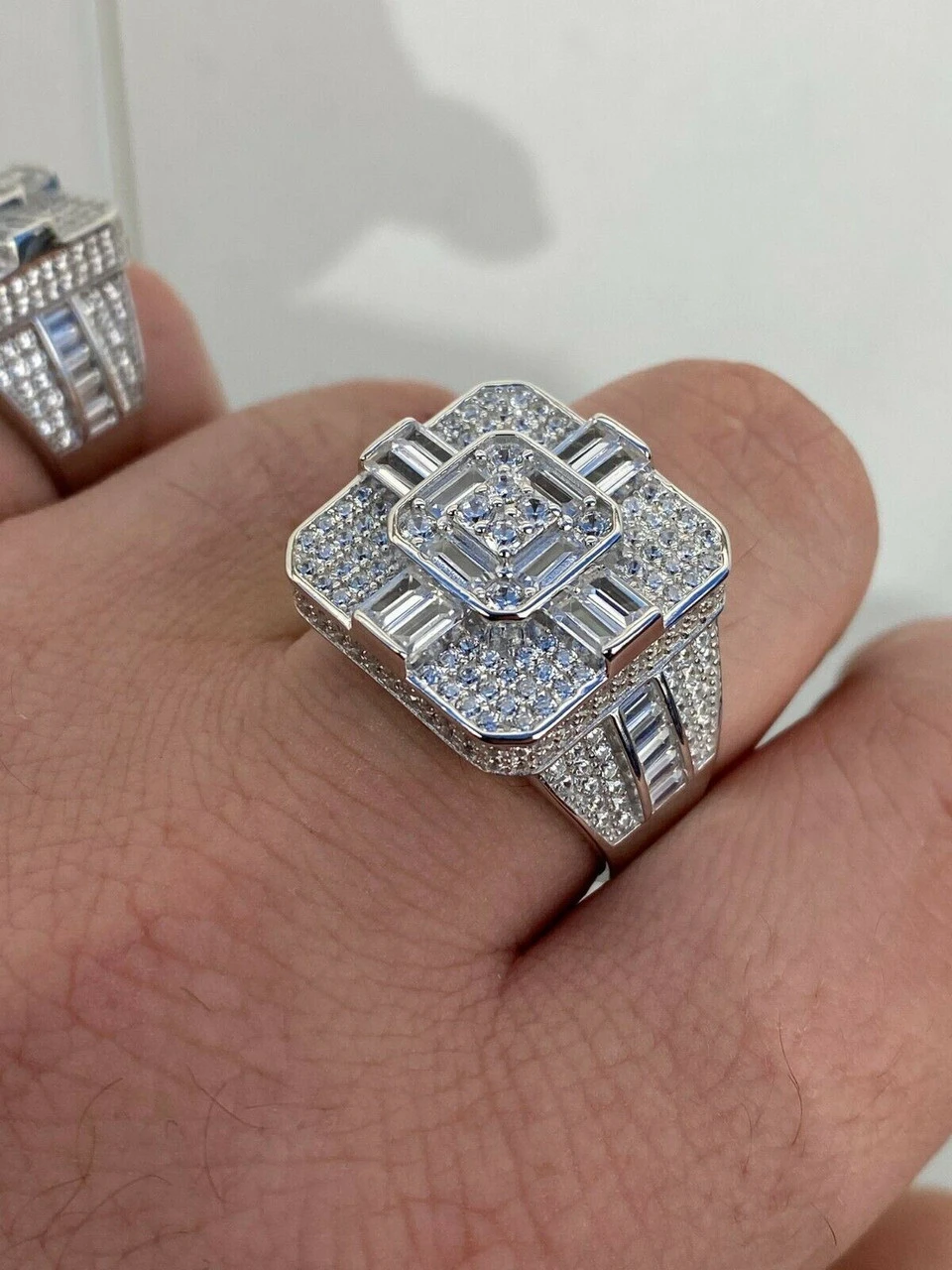 Large Real Solid 925 Sterling Silver Men's Baguette Diamond Cross Ring Hip Hop 4 Large Real Solid 925 Sterling Silver Men's Baguette Diamond Cross Ring Hip Hop - Image 2