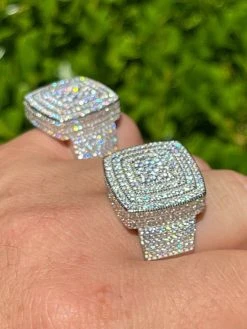 Large Real Solid 925 Sterling Silver Mens Iced Diamond Baguette Out Ring Hip Hop