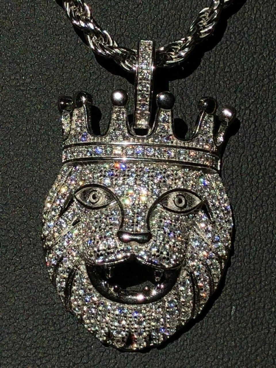 Lion W. Crown Solid 925 Sterling Silver Pendant Diamond African Rasta LEO Chain 4 Lion W. Crown Solid 925 Sterling Silver Pendant Diamond African Rasta LEO Chain - Image 2