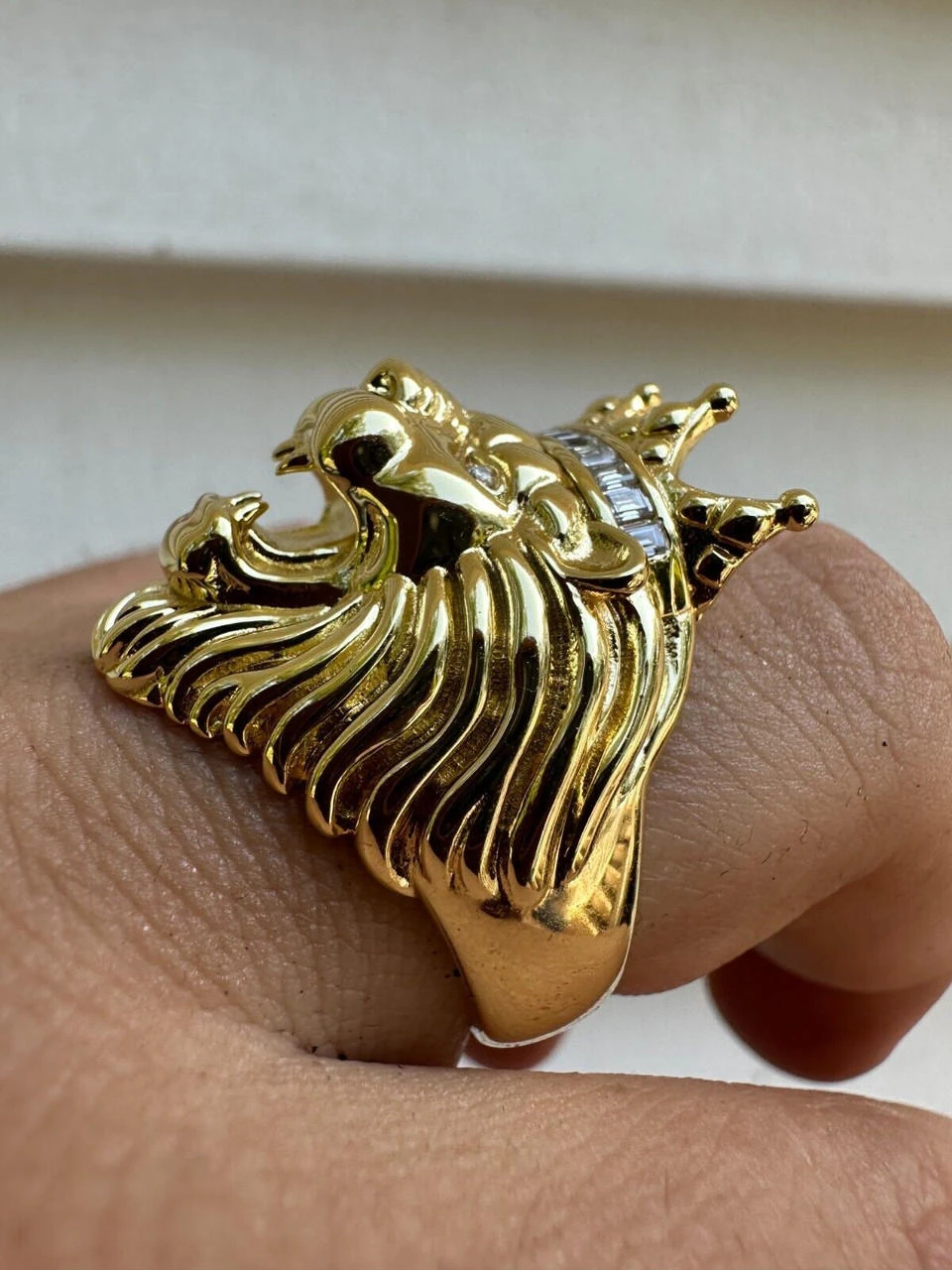 Lion W. Moissanite Baguette Crown 3D Mens Ring - 14k Gold Over Real 925 Silver 6 Lion W. Moissanite Baguette Crown 3D Mens Ring - 14k Gold Over Real 925 Silver - Image 4