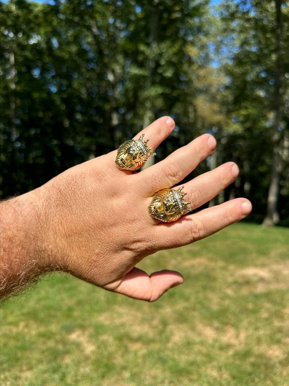 Lion W. Moissanite Baguette Crown 3D Mens Ring - 14k Gold Over Real 925 Silver 5 Lion W. Moissanite Baguette Crown 3D Mens Ring - 14k Gold Over Real 925 Silver - Image 3