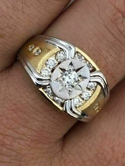 Men 14k Gold & Real Solid 925 Silver Super Iced Star Ring Size Man Made Diamond