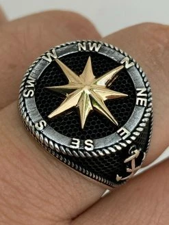 Men 14k Gold & Real Solid 925 Sterling Silver Anchor Sailor Compass Ring Sz 7-13