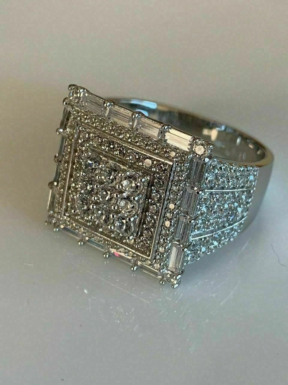 Men 14k Gold Sterling Silver Baguette Diamond Square Flooded Out Icy Pinky RING 11 Men 14k Gold Sterling Silver Baguette Diamond Square Flooded Out Icy Pinky RING - Image 9