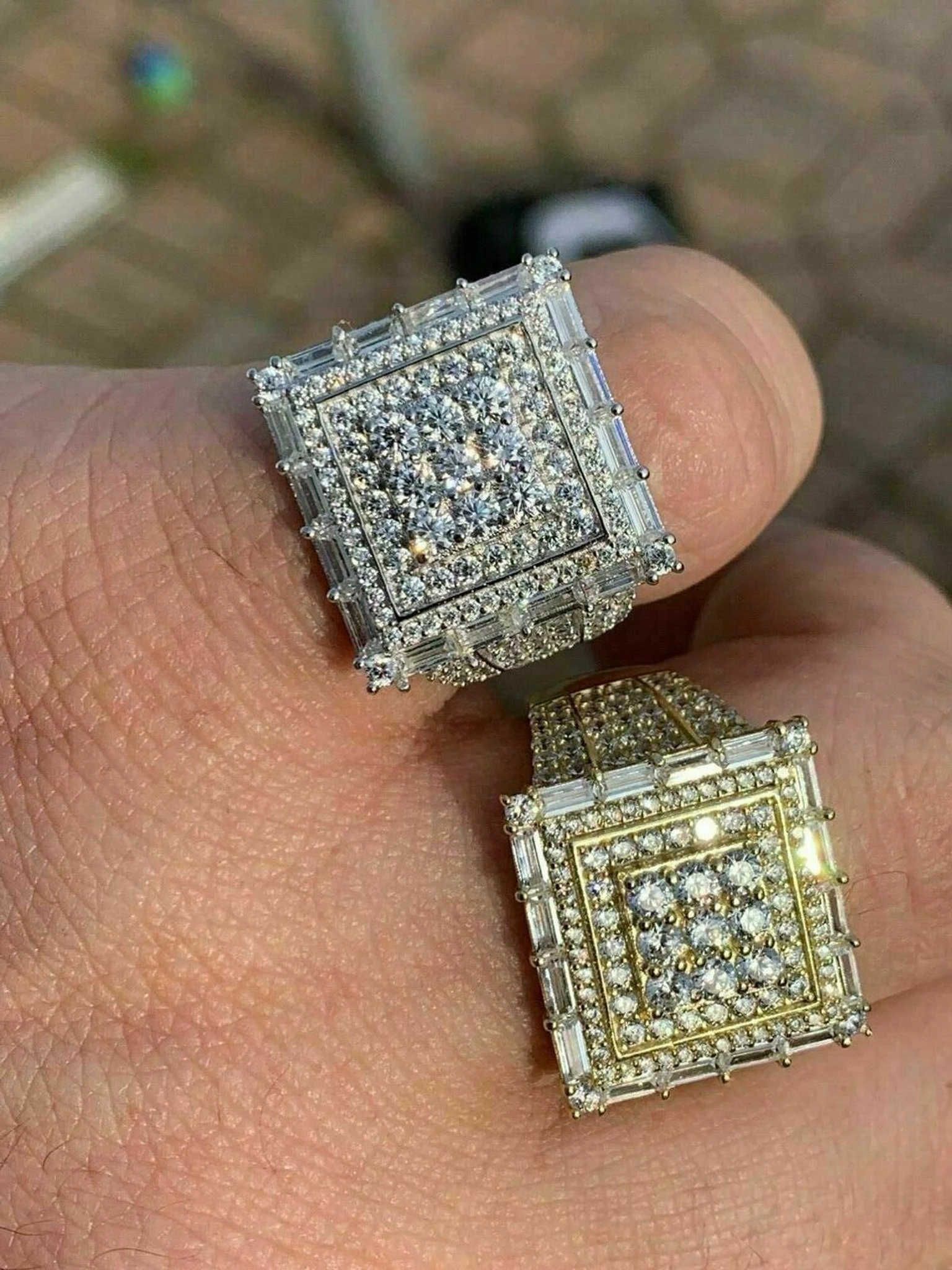 Men 14k Gold Sterling Silver Baguette Diamond Square Flooded Out Icy Pinky RING 3 Men 14k Gold Sterling Silver Baguette Diamond Square Flooded Out Icy Pinky RING