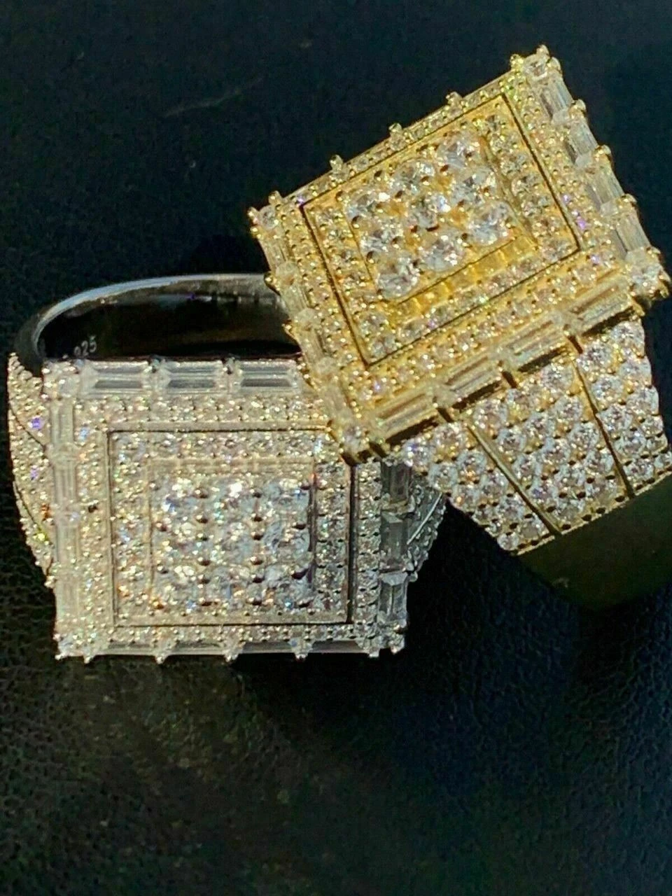 Men 14k Gold Sterling Silver Baguette Diamond Square Flooded Out Icy Pinky RING 4 Men 14k Gold Sterling Silver Baguette Diamond Square Flooded Out Icy Pinky RING - Image 2