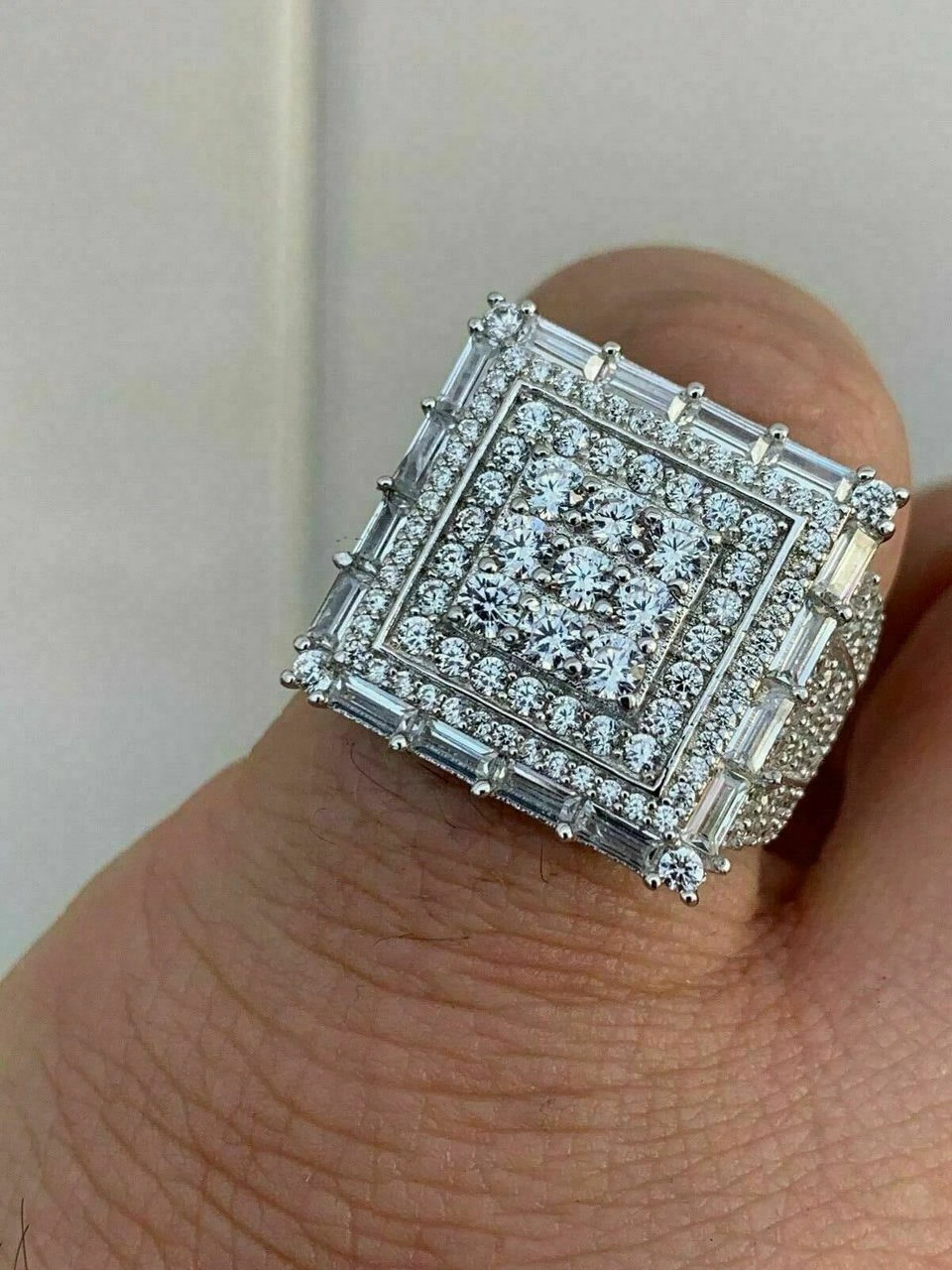 Men 14k Gold Sterling Silver Baguette Diamond Square Flooded Out Icy Pinky RING 5 Men 14k Gold Sterling Silver Baguette Diamond Square Flooded Out Icy Pinky RING - Image 3