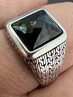 Men Real 925 Sterling Silver Simulated Black Diamond Gem Stone Pinky Ring Iced