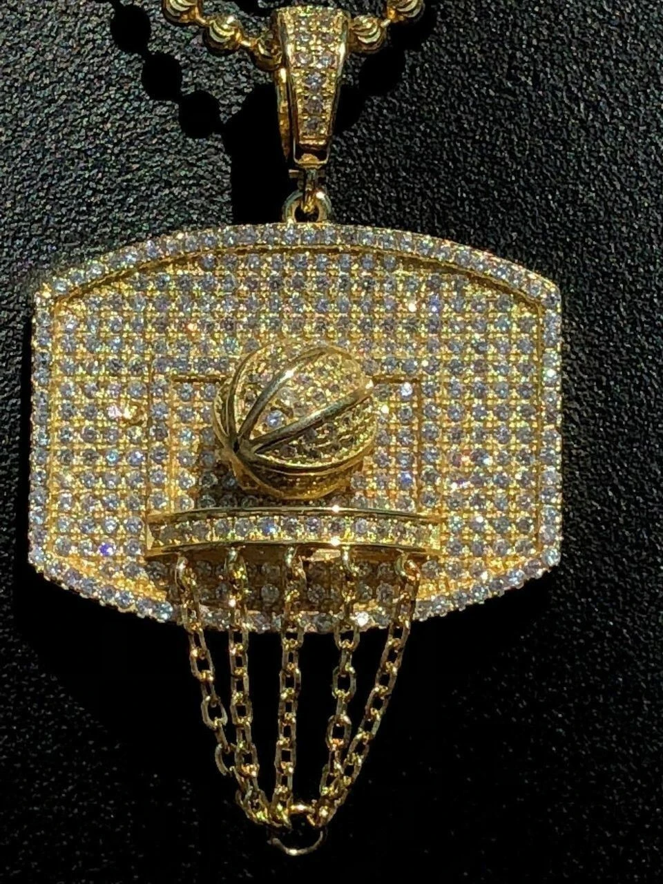 Men Solid 925 Silver Basketball W. Hoop Diamond Pendant W. Chain 14k Gold ICED 4 Men Solid 925 Silver Basketball W. Hoop Diamond Pendant W. Chain 14k Gold ICED - Image 2