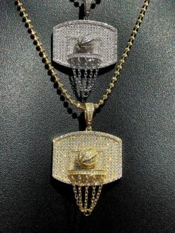 Men Solid 925 Silver Basketball W. Hoop Diamond Pendant W. Chain 14k Gold ICED