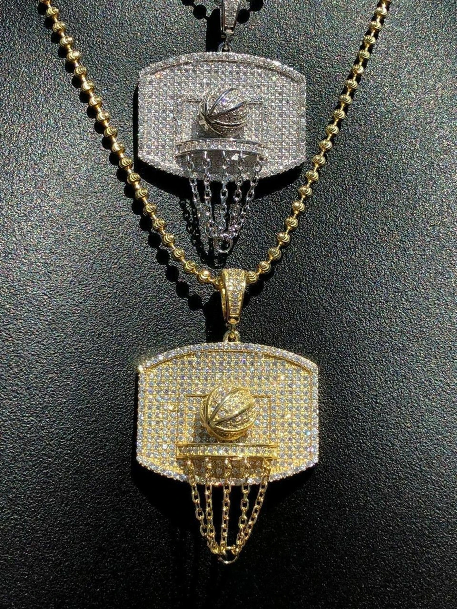 Men Solid 925 Silver Basketball W. Hoop Diamond Pendant W. Chain 14k Gold ICED 3 Men Solid 925 Silver Basketball W. Hoop Diamond Pendant W. Chain 14k Gold ICED