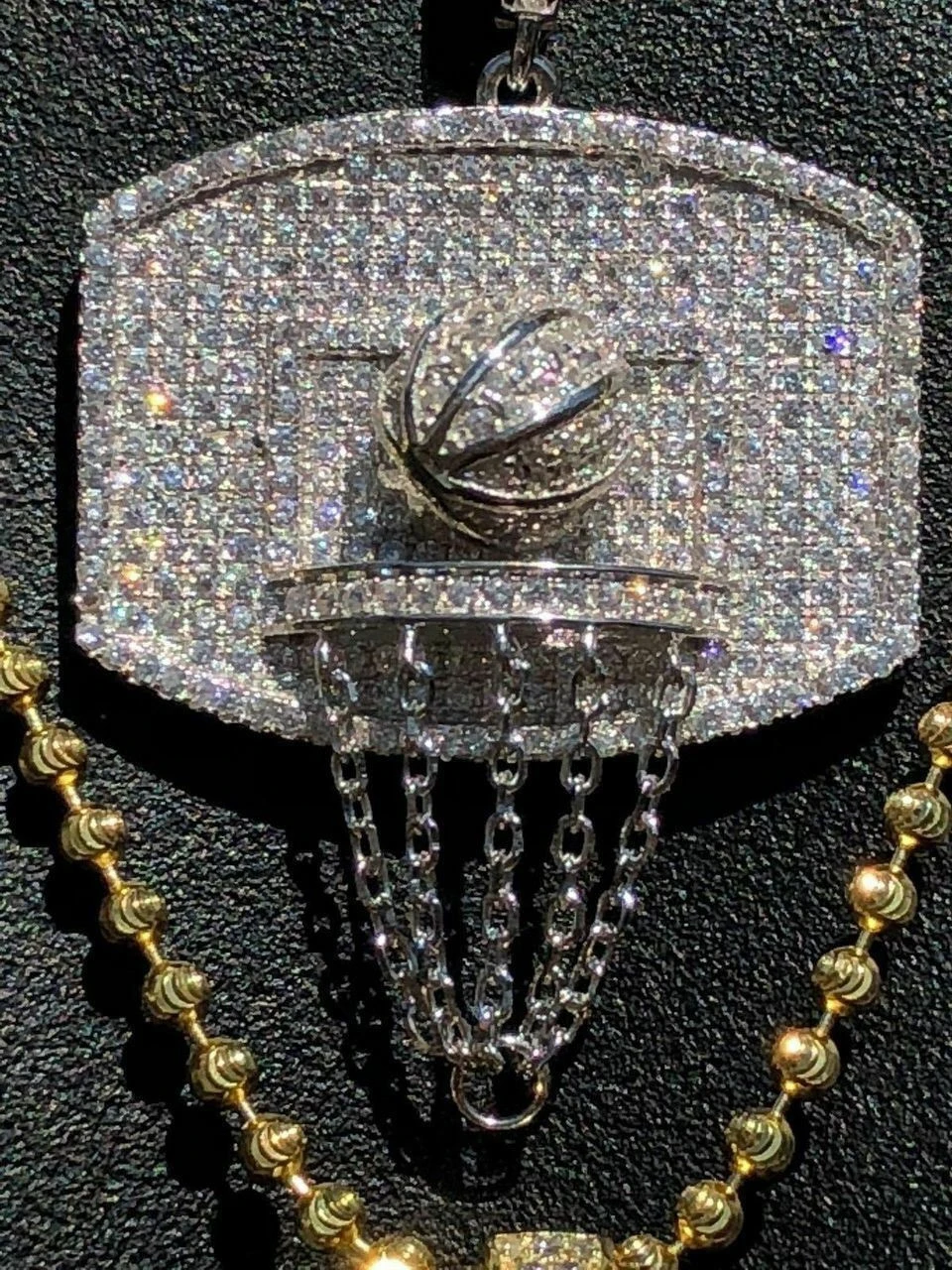Men Solid 925 Silver Basketball W. Hoop Diamond Pendant W. Chain 14k Gold ICED 5 Men Solid 925 Silver Basketball W. Hoop Diamond Pendant W. Chain 14k Gold ICED - Image 3