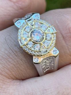 Men's 14k Gold & Real 925 Silver Iced Diamond Solitaire Pinky Compass Star Ring