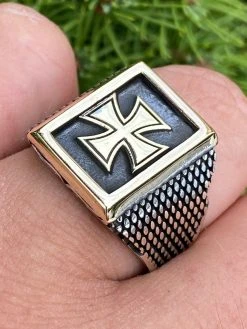 Mens 14k Gold & Real Solid 925 Sterling Silver German Maltese Iron Cross Ring