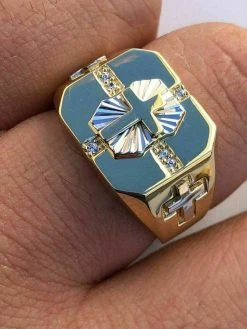 Mens 14k Gold Over Real Solid 925 Silver Cross Ring Size Pinky 7 8 9 10 11 12 13