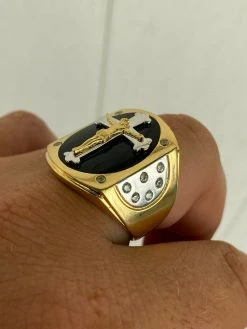 Mens 14k Gold Over Real Solid 925 Silver Jesus On Cross Ring Black Onyx Hip-Hop -Harlem Bling Shop harlembling mens 14k gold over real solid 925 silver jesus on cross ring black onyx hip hop 03769.1664382930