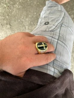 Mens 14k Gold Over Real Solid 925 Silver Jesus On Cross Ring Black Onyx Hip-Hop -Harlem Bling Shop harlembling mens 14k gold over real solid 925 silver jesus on cross ring black onyx hip hop 11966.1664380657